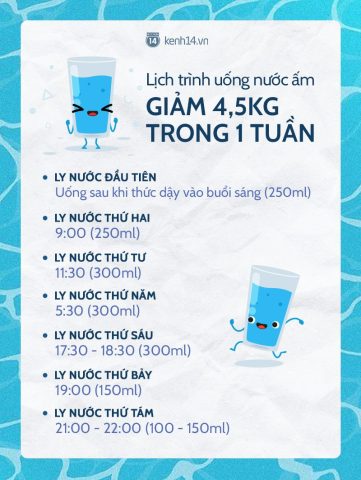 Biểu đồ gợi ý lượng nước uống hợp lý theo thời gian trong lịch uống nước