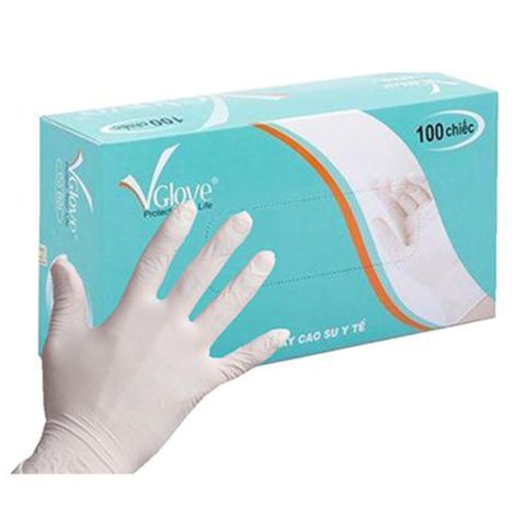 Hộp găng tay y tế Vglove và một chiếc găng tay màu trắng