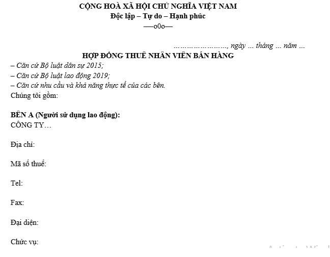 Mẫu Hợp Đồng Thuê Nhân Viên Bán Thuốc Tại Quầy Chuẩn Pháp Lý