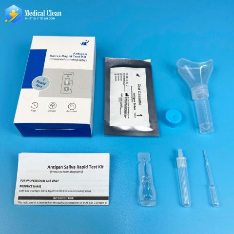 Bộ kit test nước bọt tại nhà với ống lấy mẫu và que thử hiển thị kết quả